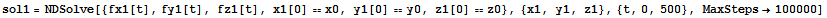 sol1 = NDSolve[{fx1[t], fy1[t], fz1[t], x1[0] == x0, y1[0] == y0, z1[0] == z0}, {x1, y1, z1}, {t, 0, 500}, MaxSteps→100000]